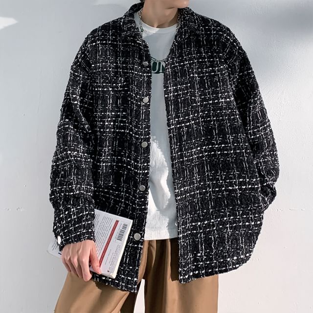 Collared Drop Shoulder Tweed Button Jacket