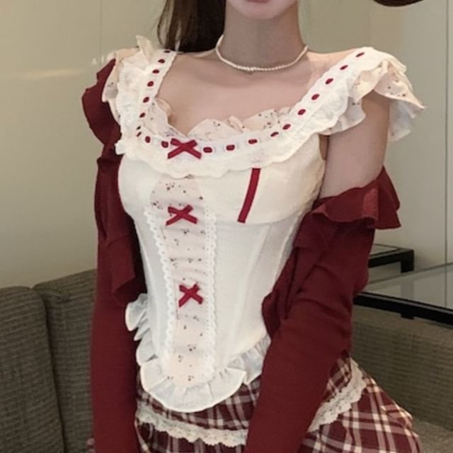 / Plaid Sleeveless Cardigan Waist Floral Ruffle Mini Striped Print Panel High Top A-Line Skirt Bow