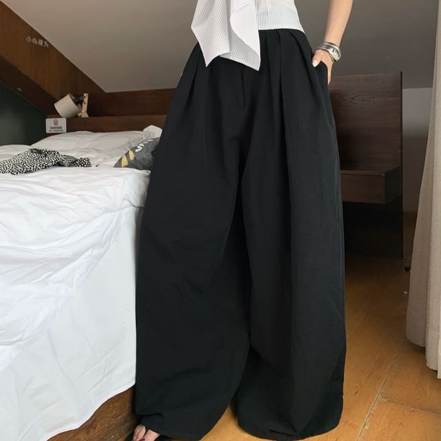 Plain Striped Leg Waist / High Accent Tube Pants Crop Wide Top Bow
