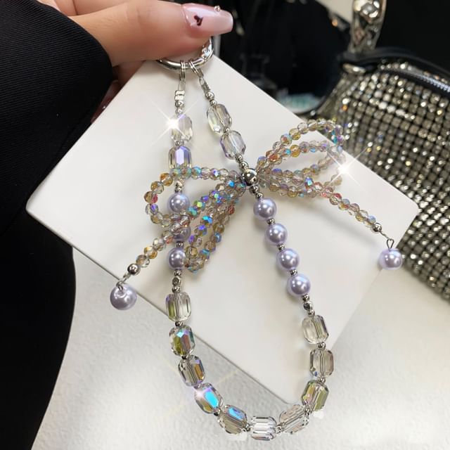 with Lanyard Pad Pearl Phone Faux Strap Bow Crystal