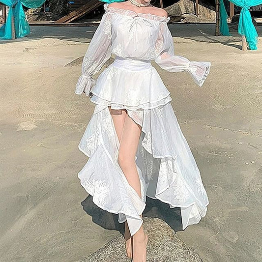 Ruffle Dress Plain High A-Line Maxi Low Long-Sleeve Off-The-Shoulder