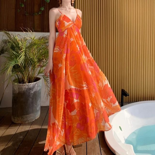 Print Strap V-Neck Floral Maxi Spaghetti A-Line Dress