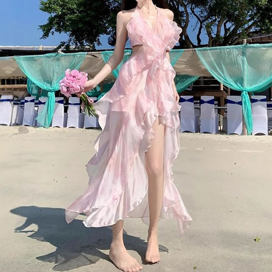 Halter Top + Set: Floral High Midi V-Neck Crop Skirt A-Line Waist