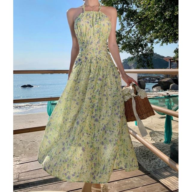 Midi Dress Neck Flower Halter A-Line Print