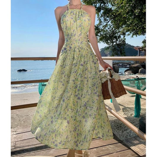Midi Dress Neck Flower Halter A-Line Print