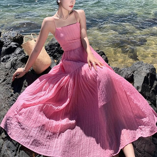 A-Line Dress Maxi Textured Strap Spaghetti Plain