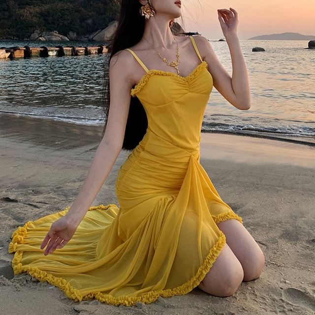 Ruffle Spaghetti Hem Maxi V-Neck Strap Dress Bodycon Plain