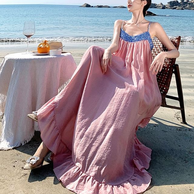 Dress Ruffle Maxi A-Line Hem Panel Strap Spaghetti Sequined