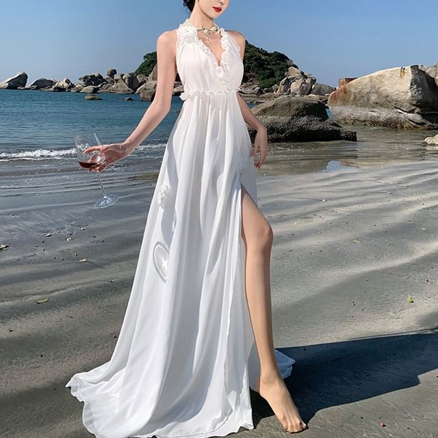 Slit Dress Sleeveless Plain V-Neck A-Line Maxi