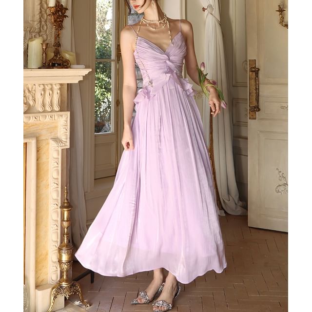 Strap Plain Ruffle Maxi V-Neck Dress Spaghetti A-Line Trim