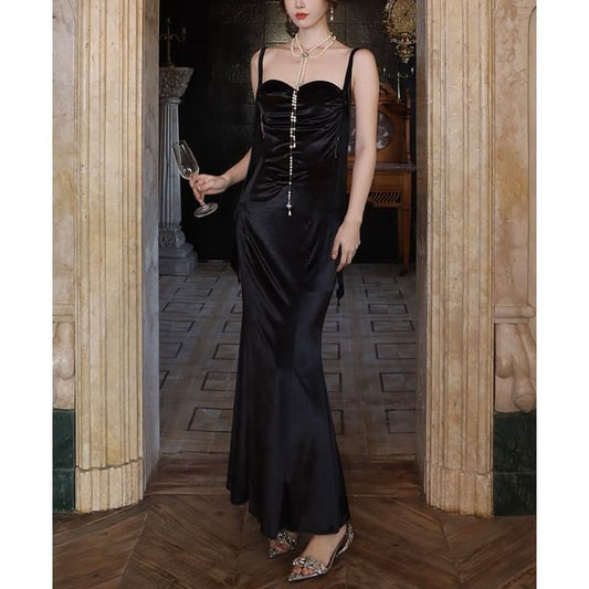 Maxi Plain Neck Dress Strap Ruched Sweetheart Sheath Spaghetti