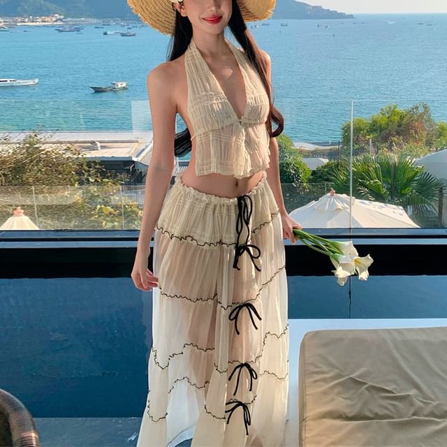 Skirt Crop + Top V-Neck Detail Bow Sleeveless Set: Maxi Mid Plain A-Line Rise