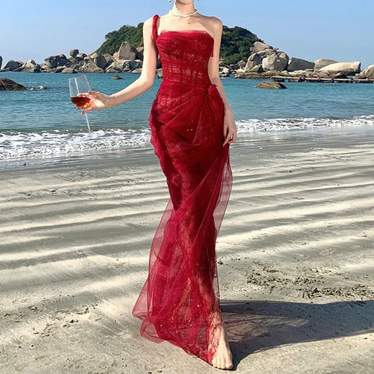 Maxi Sleeveless Evening One Ruffle Shoulder Sheer Sequin Gown