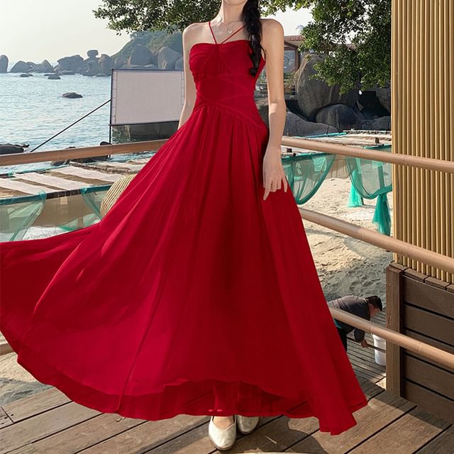 Plain Ruched Maxi Dress A-Line Spaghetti Strap