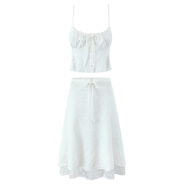 Set: Lace Panel Crop Top & Midi Pencil Skirt with Shirred Waist