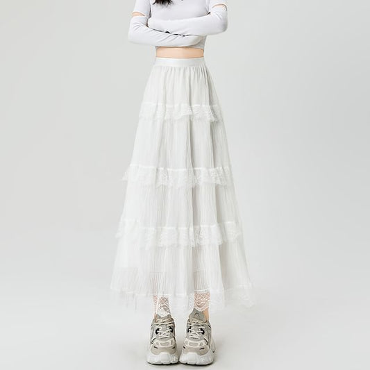 Layered Lace Maxi A-Line Skirt with High Waist and Panels