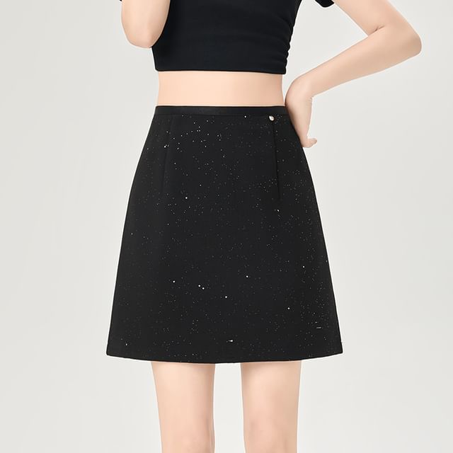 Shimmering Glitter Mini A-Line Skirt with High Rise