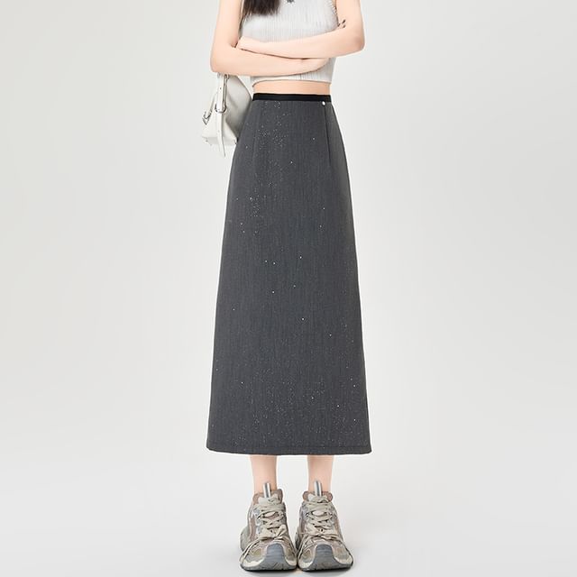 Glitter Slit Midi A-Line Skirt with High Rise