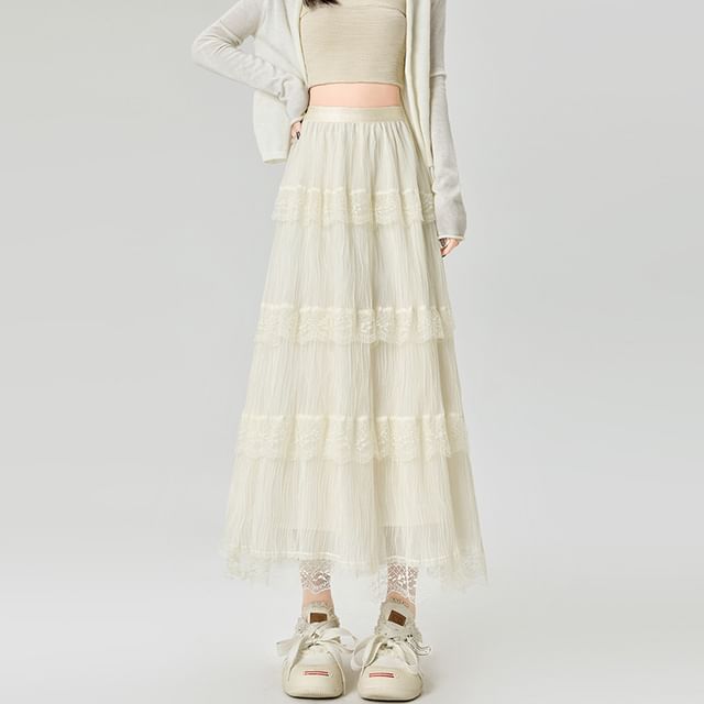 Layered Lace Maxi A-Line Skirt with High Waist and Panels