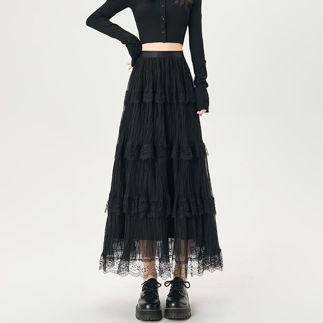Layered Lace Maxi A-Line Skirt with High Waist and Panels
