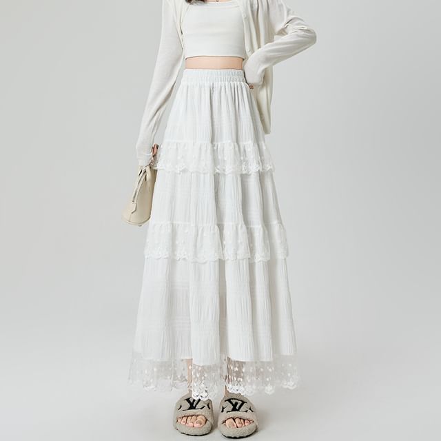 Tiered Lace Maxi A-Line Skirt with Elastic Waist