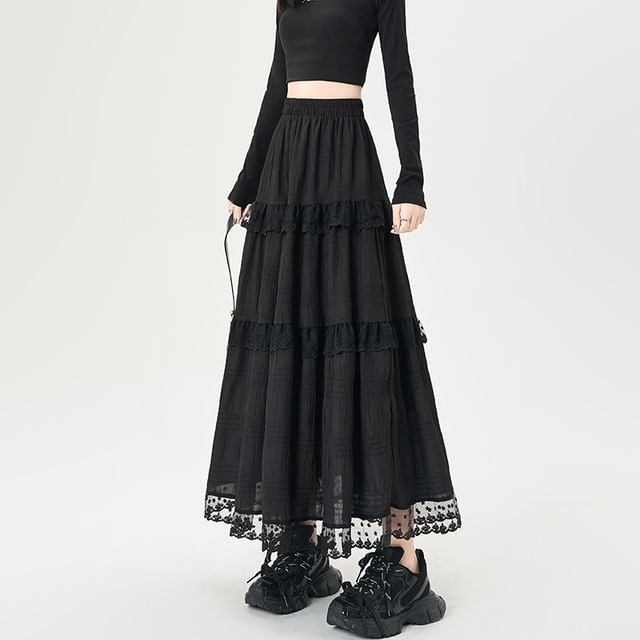 Tiered Lace Maxi A-Line Skirt with Elastic Waist
