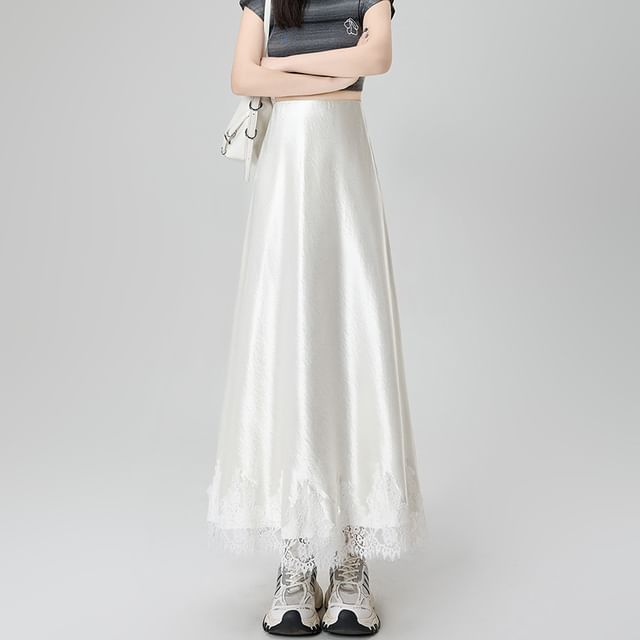 Satin A-Line Maxi Skirt with Lace Panel and High Waist