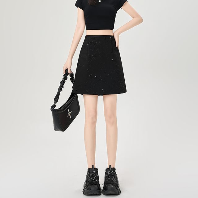 Shimmering Glitter Mini A-Line Skirt with High Rise
