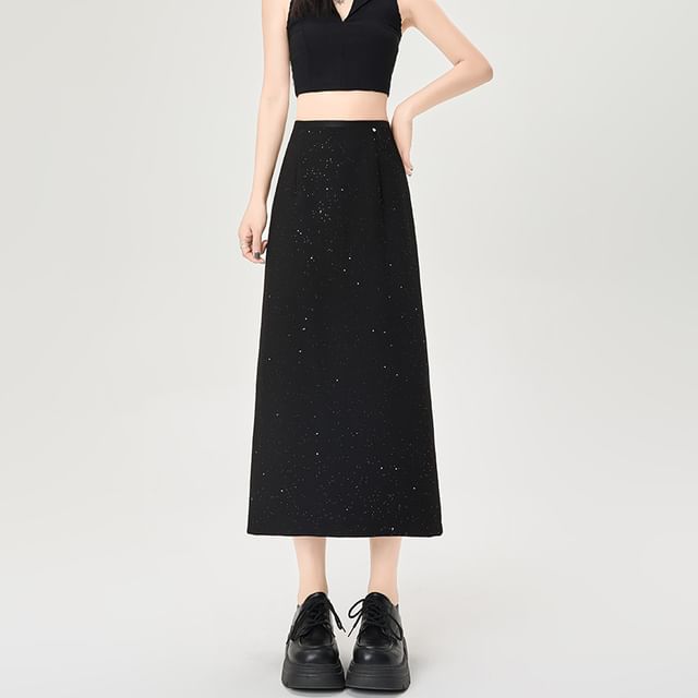 Glitter Slit Midi A-Line Skirt with High Rise