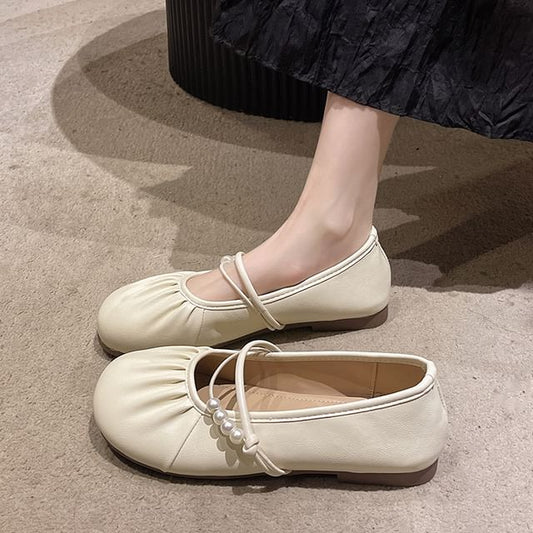 Faux Flats Mary Jane Beaded Ruched Pearl