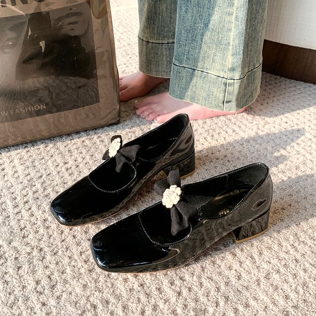 Mary Block Heel Pumps Jane Square Toe Bow Flower