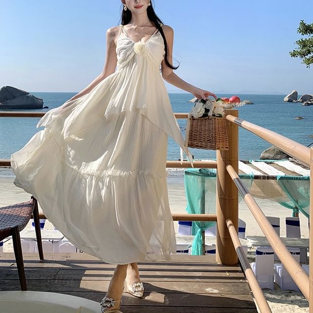 A-Line Maxi Strap Ruffle Plain Spaghetti V-Neck Dress Trim