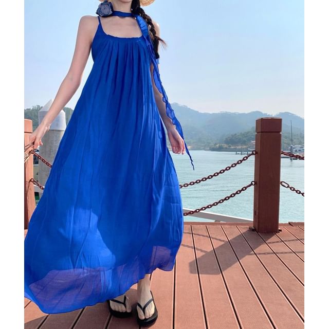 Scoop Dress Plain A-Line Maxi Neck Ruffle Strap Trim Spaghetti