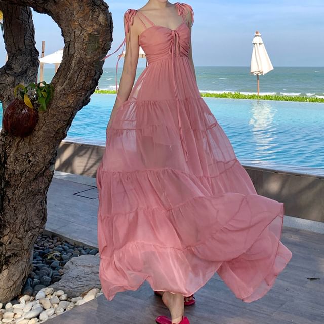 V-Neck Strap Plain Ruffle Spaghetti Maxi Dress A-Line Trim