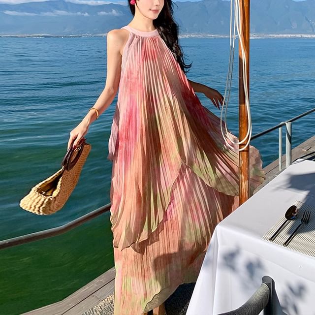 A-Line Pleated Dress Neck Tie Maxi Crew Sleeveless Dye