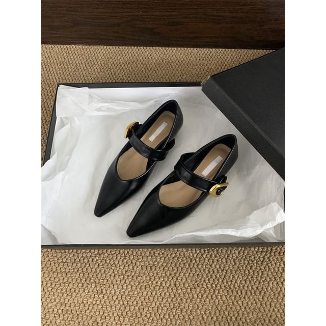 Faux Mary Leather Pointed Toe Plain Shoes Jane