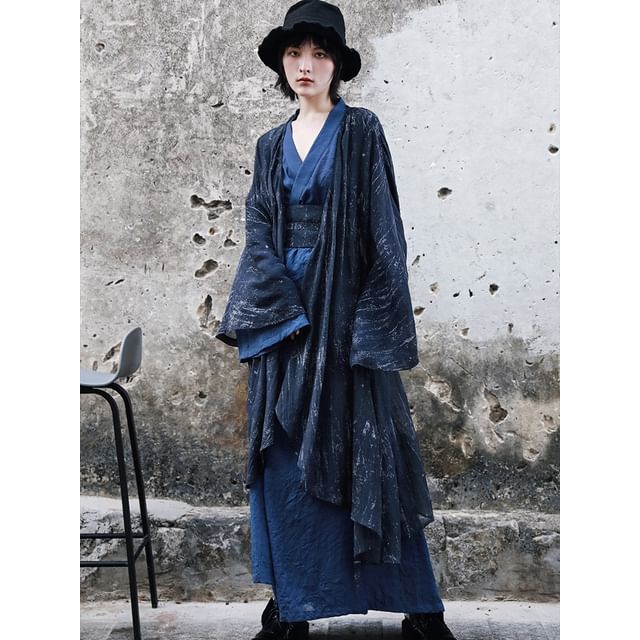 Long Sleeve Wrap Dress with Tie-Dye Jacket and Belt Set