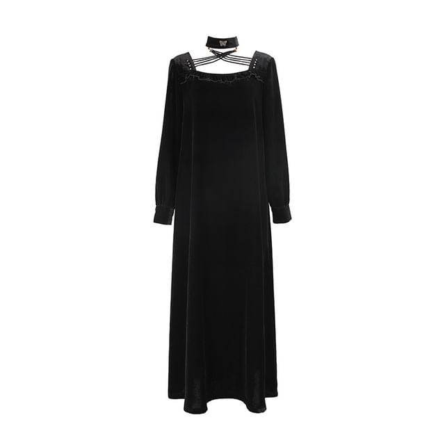 Velvet Frill Trim Halter Neck A-Line Maxi Dress