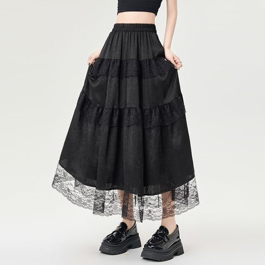 Maxi Plain Trim High A-Line Skirt Rise Lace