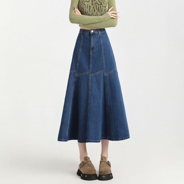 Contrast High Stitching Skirt Denim A-Line Rise Midi