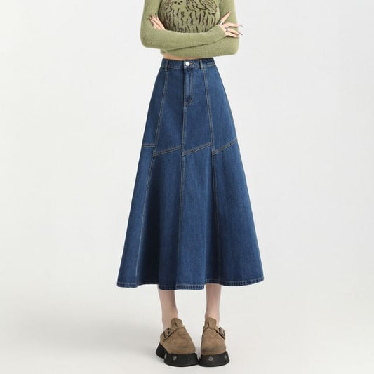 Contrast High Stitching Skirt Denim A-Line Rise Midi