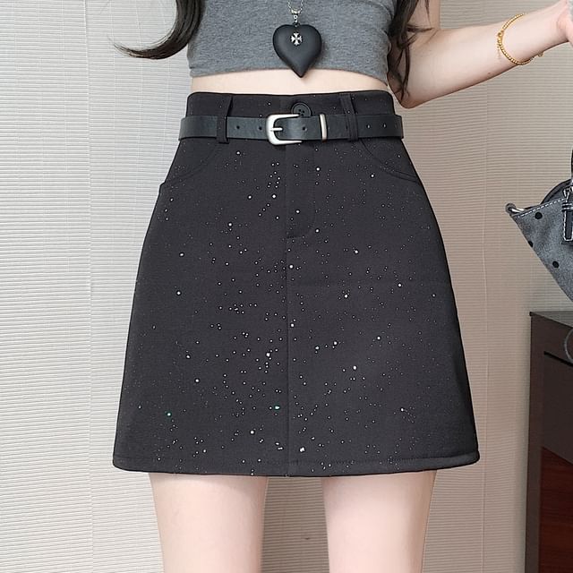 Waist A-Line Mini High Sequin Skirt