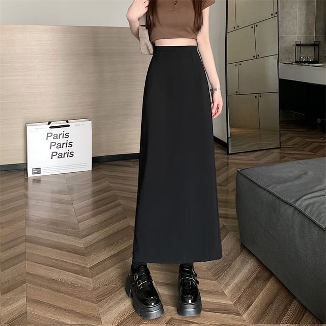 A-Line Plain High Maxi Rise Back-Slit Skirt