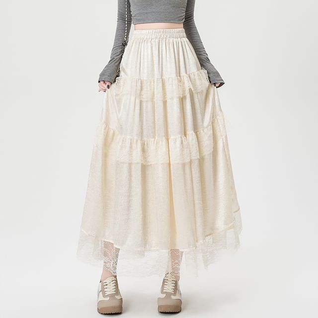 Maxi Plain Trim High A-Line Skirt Rise Lace