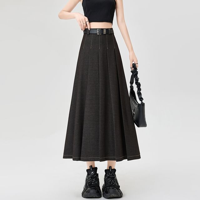 High Skirt Rise Contrast Denim Maxi Accordion Stitching A-Line Pleated