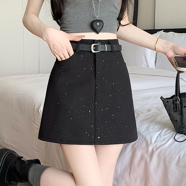 Waist A-Line Mini High Sequin Skirt