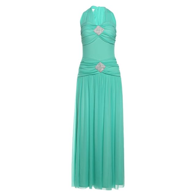 Ruched Halter Neck Sleeveless A-Line Maxi Dress