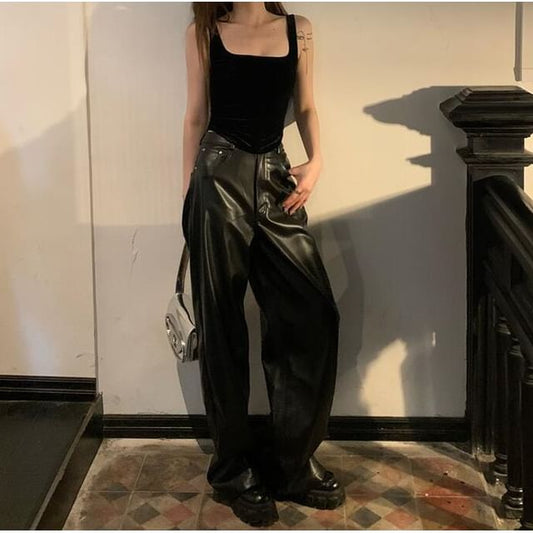 High Camisole / Square Neck Flared Rise Plain Pants Faux Leather Top