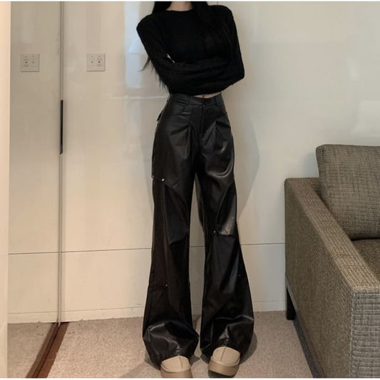 Top Faux Crop Leg Leather Plain Long-Sleeve Pants Rise Round High / Neck Wide