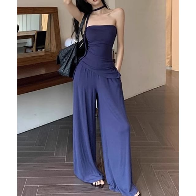 Leg Wide Tube Plain Top Waist Strapless Drawstring Pants /